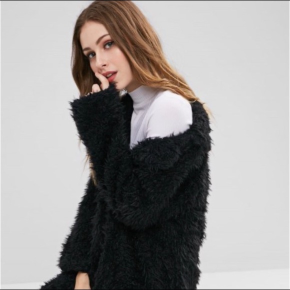 Jackets & Blazers - Open Front Sherpa Coat / Black